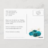  Blauwgroen en gouden Floral Wedding Save the Date Briefkaart (Achterkant)