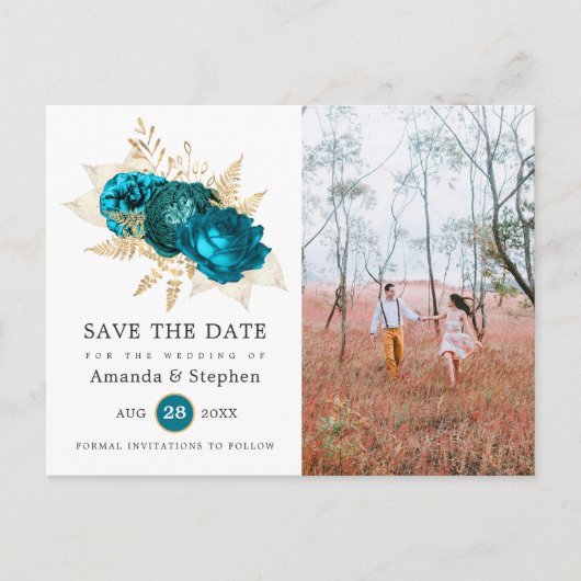  Blauwgroen en gouden Floral Wedding Save the Date Briefkaart (Voorkant)