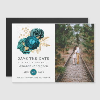  Blauwgroen en gouden Floral Wedding Save the Date Magnetische Uitnodiging