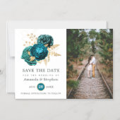  Blauwgroen en gouden Floral Wedding Save the Date Magnetische Uitnodiging (Voorkant)