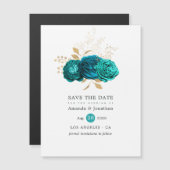  Blauwgroen en gouden Floral Wedding Save the Date Magnetische Uitnodiging (Voorkant / Achterkant)