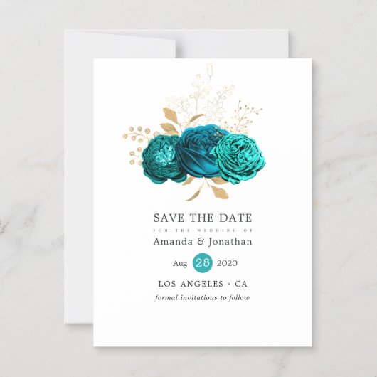 Blauwgroen en gouden Floral Wedding Save the Date Magnetische Uitnodiging (Voorkant)