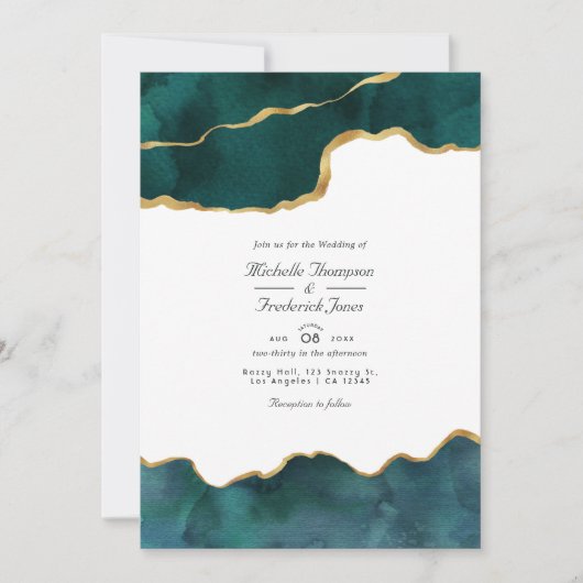 Blauwgroen en gouden geode agate QR-code RSVP Wedd Kaart (Voorkant)