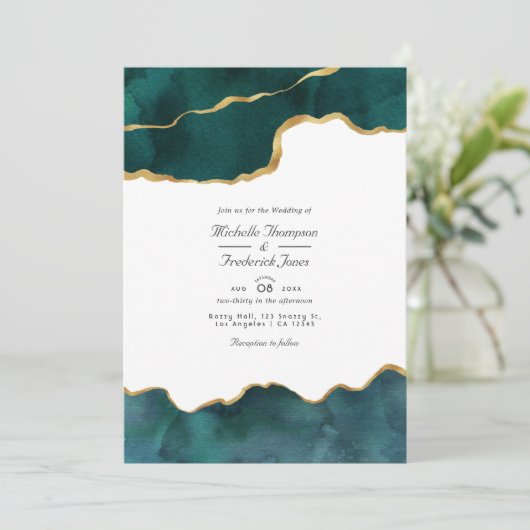 Blauwgroen en gouden geode agate QR-code RSVP Wedd Kaart (Staand voorkant)