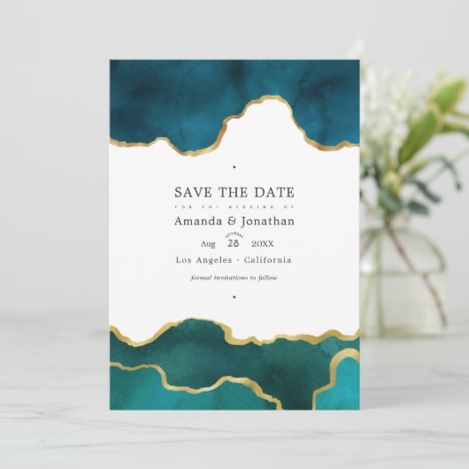 Blauwgroen en gouden geode Agate Stone Weddenfoto Save The Date (Staand voorkant)