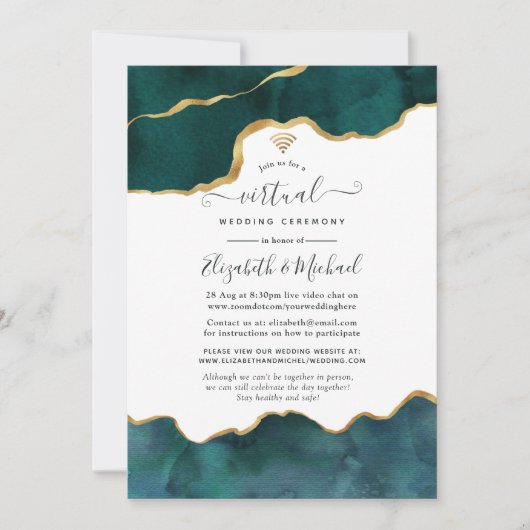 Blauwgroen en gouden geode agate virtuele bruiloft kaart (Voorkant)