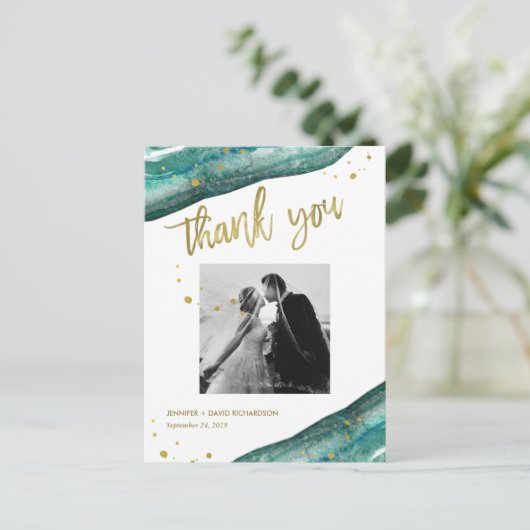 Blauwgroen en Gouden Geode Trouwfoto Dank u Briefkaart (Staand voorkant)