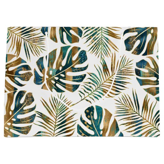 Blauwgroen en gouden gepatterde tropische bladeren groot cadeauzakje (Voorkant)