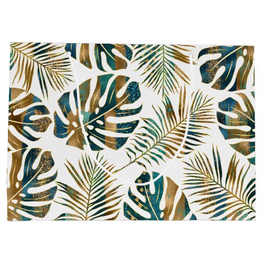 Blauwgroen en gouden gepatterde tropische bladeren groot cadeauzakje (Achterkant)