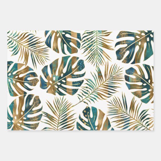 Blauwgroen en gouden gepatterde tropische bladeren inpakpapier vel (Voorkant)