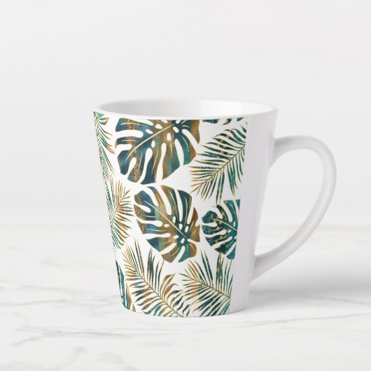 Blauwgroen en gouden gepatterde tropische bladeren latte mok (Rechts)