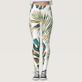Blauwgroen en gouden gepatterde tropische bladeren leggings (Voorkant)
