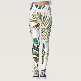 Blauwgroen en gouden gepatterde tropische bladeren leggings