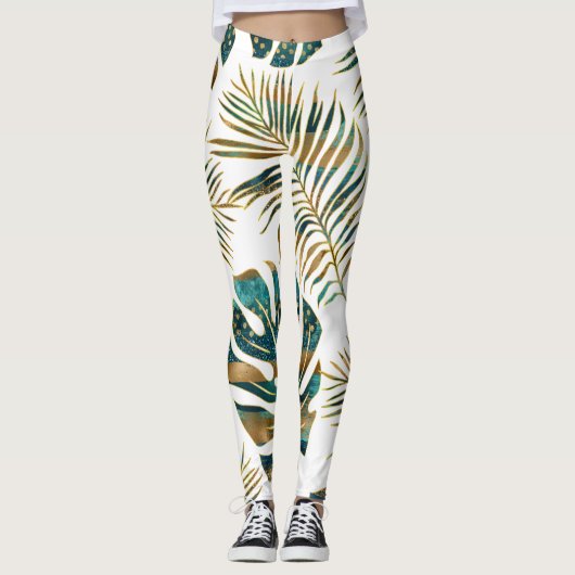 Blauwgroen en gouden gepatterde tropische bladeren leggings (Voorkant)