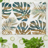 Blauwgroen en gouden gepatterde tropische bladeren theedoek (Gevouwen)