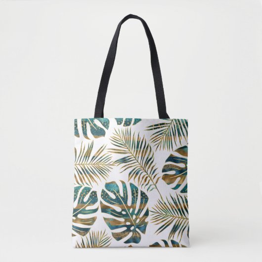 Blauwgroen en gouden gepatterde tropische bladeren tote bag (Voorkant)