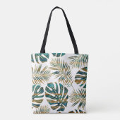 Blauwgroen en gouden gepatterde tropische bladeren tote bag (Achterkant)