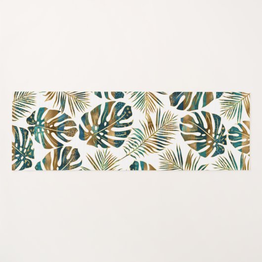 Blauwgroen en gouden gepatterde tropische bladeren yogamat (Voorkant (horizontaal))