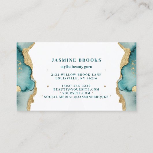 Blauwgroen en gouden glam-Waterverf Visitekaartje (Achterkant)