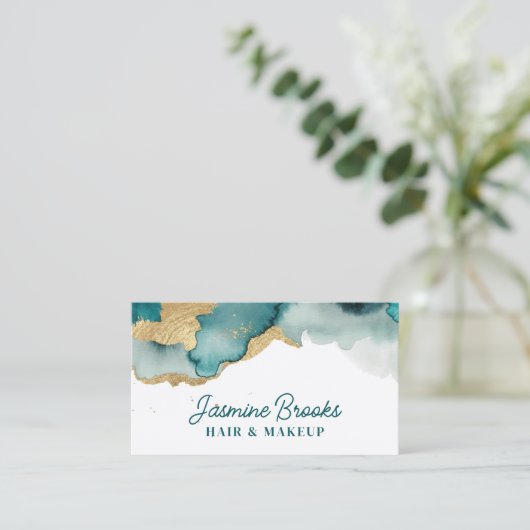 Blauwgroen en gouden glam-Waterverf Visitekaartje (Staand voorkant)