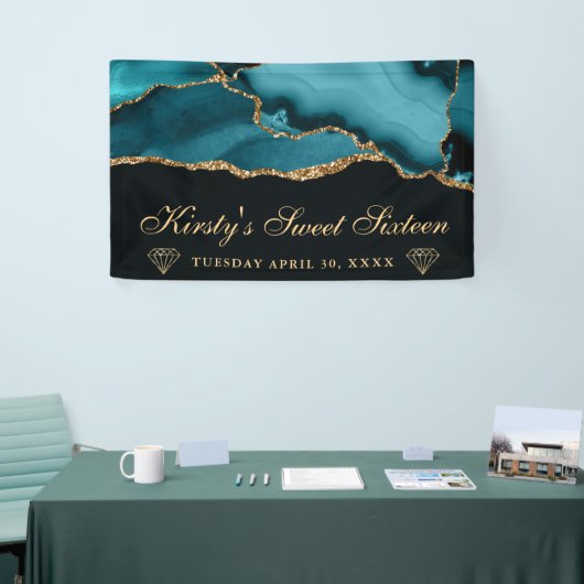 Blauwgroen en gouden Glitter Agaat Sweet Sixteen Spandoek (Beurs)