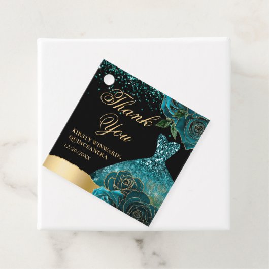 Blauwgroen en gouden Glitter Dress Glam Rozen Quin Bedankjes Labels (In situ)