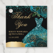 Blauwgroen en gouden Glitter Dress Glam Rozen Quin Bedankjes Labels (Voorkant)