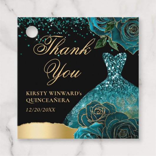 Blauwgroen en gouden Glitter Dress Glam Rozen Quin Bedankjes Labels (Voorkant)