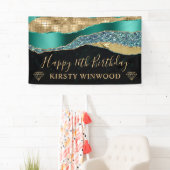 Blauwgroen en gouden Glitter Glam Edge Sweet Sixte Spandoek (Insitu)