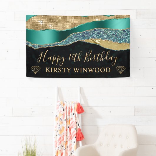 Blauwgroen en gouden Glitter Glam Edge Sweet Sixte Spandoek (Insitu)