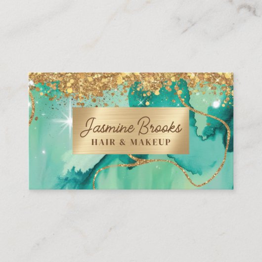 Blauwgroen en gouden Glitter Glam-Waterverf Visitekaartje (Voorkant)