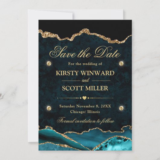 Blauwgroen en Gouden Glitter Marmeren Agaat Save t Save The Date (Voorkant)