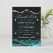 Blauwgroen en Gouden Glitter Marmeren Agaat Save t Save The Date (Staand voorkant)