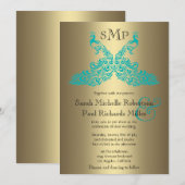 Blauwgroen en gouden huwelijksuitnodigingen kaart (Voorkant / Achterkant)