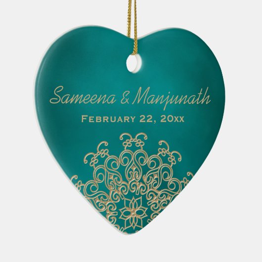 Blauwgroen en gouden Indiase stijl huwelijkskado Keramisch Ornament (Rechts)
