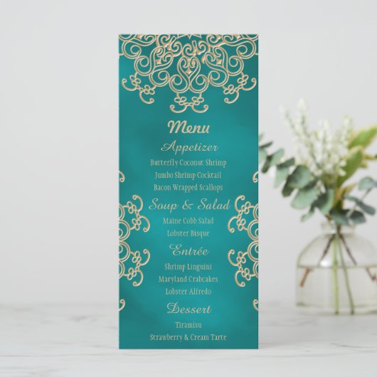 Blauwgroen en gouden Indiase stijl Menu Kaarten (Staand voorkant)