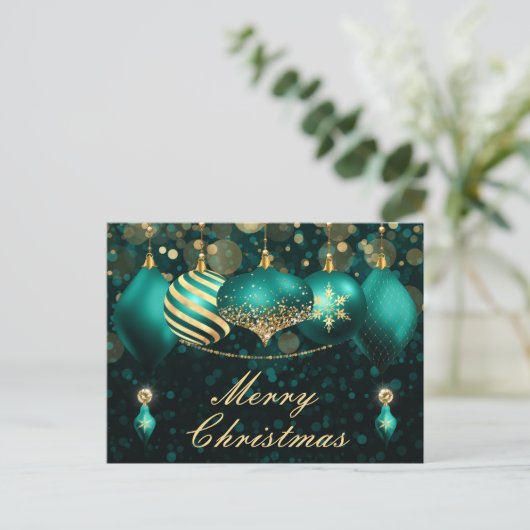 Blauwgroen en gouden kerstboomversieringen feestdagenkaart (Staand voorkant)