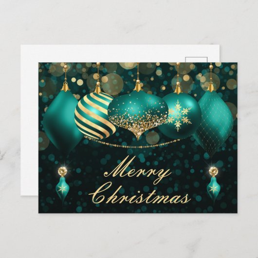 Blauwgroen en gouden kerstboomversieringen feestdagenkaart (Voorkant / Achterkant)