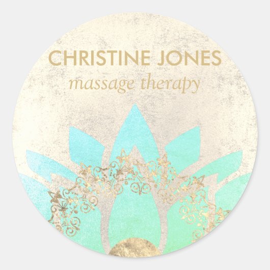 blauwgroen en gouden lotusbloem ronde sticker (Voorkant)