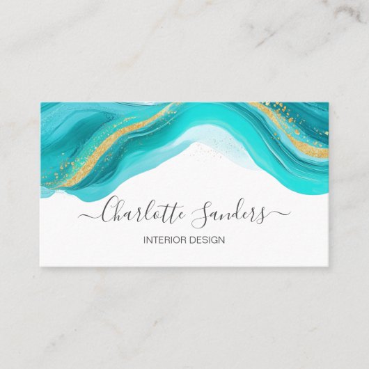Blauwgroen en gouden moderne Liquid Waterverf Art  Visitekaartje (Voorkant)