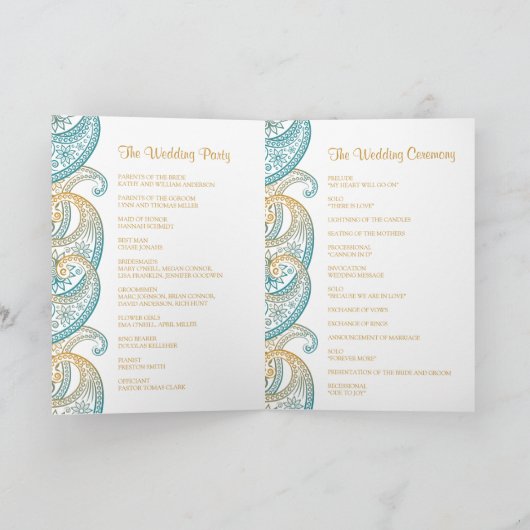 Blauwgroen en gouden Paisley Indiase bruiloft Programma (Binnen)