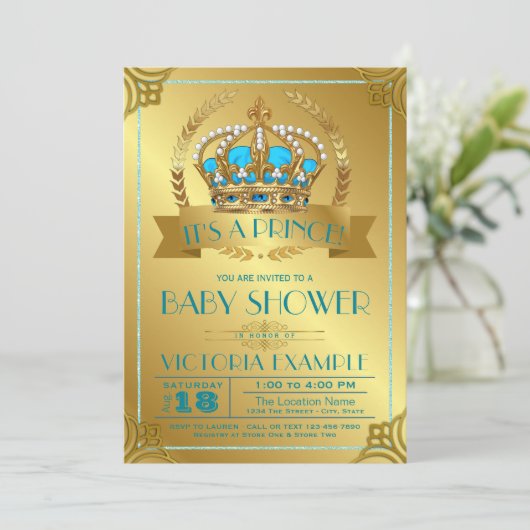 Blauwgroen en gouden Prince Baby Shower Uitnodigin Kaart (Staand voorkant)