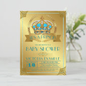 Blauwgroen en gouden Prince Baby Shower Uitnodigin Kaart (Staand voorkant)