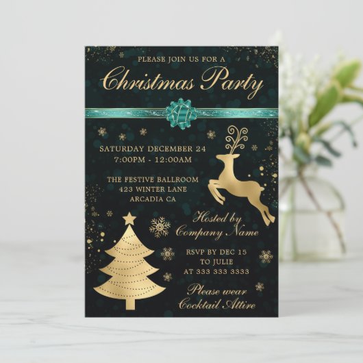 Blauwgroen en gouden rendieren en kerstboomfeest kaart (Staand voorkant)