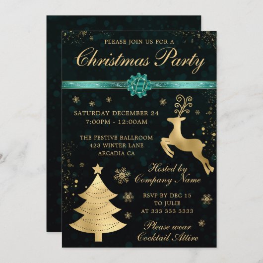 Blauwgroen en gouden rendieren en kerstboomfeest kaart (Voorkant / Achterkant)