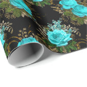 Blauwgroen en Gouden Rozen Cadeaupapier (Rol Hoek)