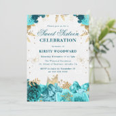 Blauwgroen en gouden Rozen Floral Sweet Sixteen In Kaart (Staand voorkant)