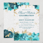 Blauwgroen en gouden Rozen Floral Sweet Sixteen In Kaart (Voorkant / Achterkant)