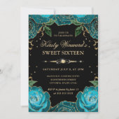 Blauwgroen en gouden Rozen Floral Sweet Sixteen Kaart (Voorkant)