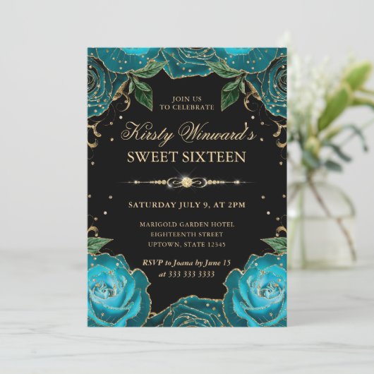 Blauwgroen en gouden Rozen Floral Sweet Sixteen Kaart (Staand voorkant)